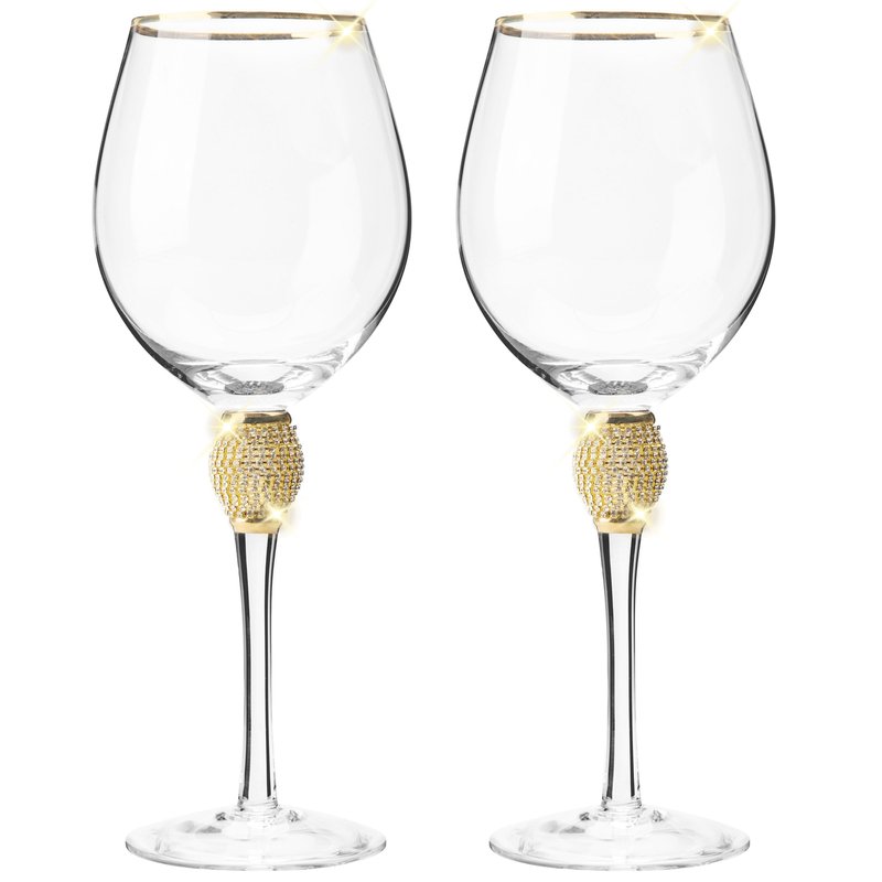 Berkware Luxurious And Elegant Sparkling Studded Long Stem Red Wine Glass With Gold Tone Rim