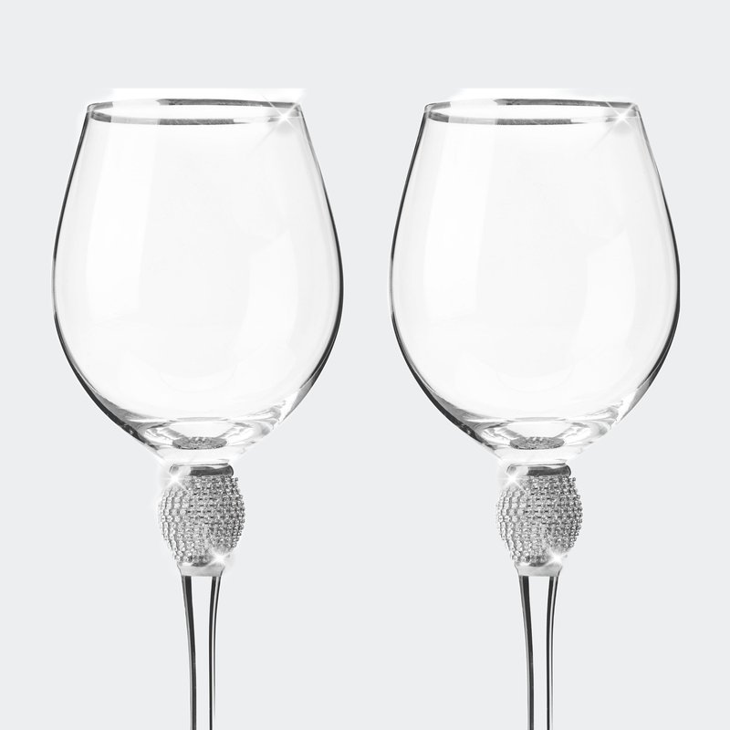 Berkware Red Wine Glass With Rhinestone Design And Silver Rim, Set Of 2