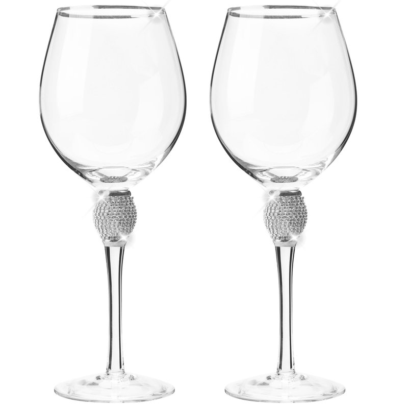 Berkware Red Wine Glass With Rhinestone Design And Silver Rim, Set Of 6