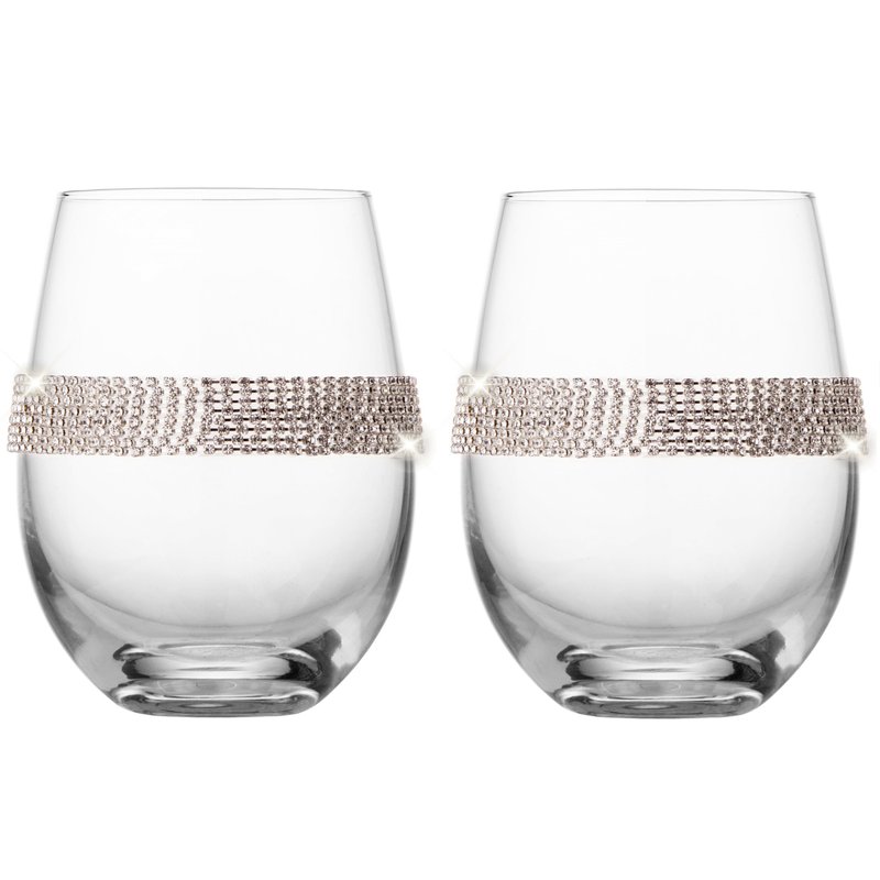 Berkware Stemless Wine Glasses With Silver Tone Rhinestone Design, Set Of 6