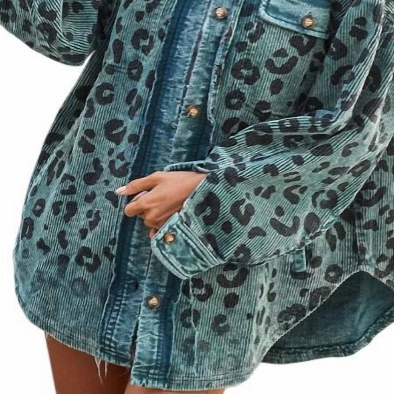 Shop Bibi Vintage Washed Leopard Corduroy Buttoned Shacket In Blue