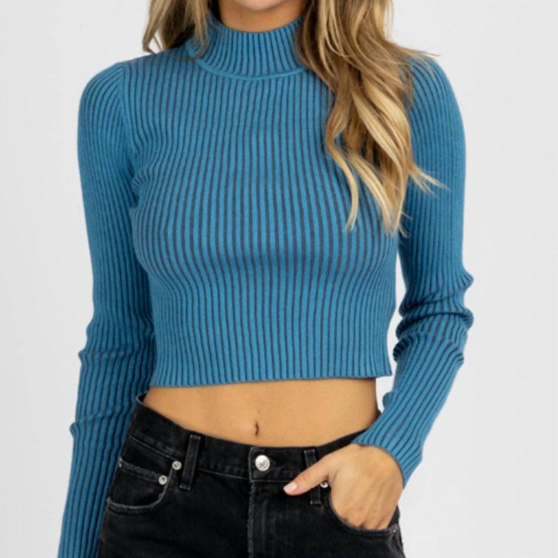 Shop Blue Blush Ribbed Mock Neck Sweater In Blue