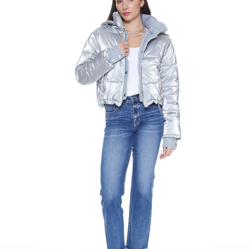 Shop Blue Revival In The Mix Denim Shiny Puffer In Silver In Grey
