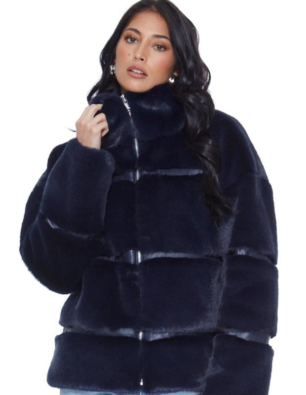 Blue Revival Mob Wife Unreal Leather Fur Jacket In Navy In Blue