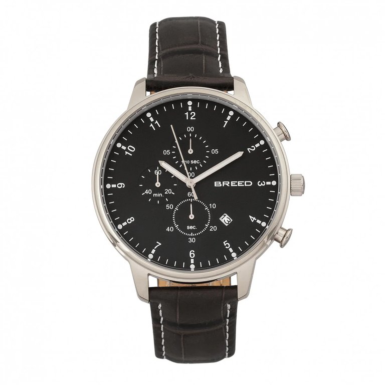 Breed Holden Chronograph Leather-Band Watch w/ Date - Silver/Black