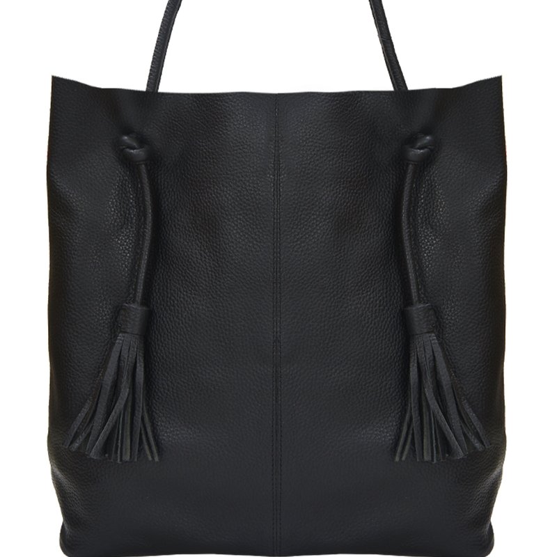Brix + Bailey Black Drawcord Premium Leather Hobo Tote Shoulder Bag