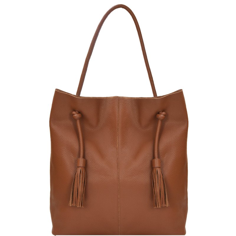 Brix + Bailey Camel Drawcord Premium Leather Hobo Tote Shoulder Bag In Brown