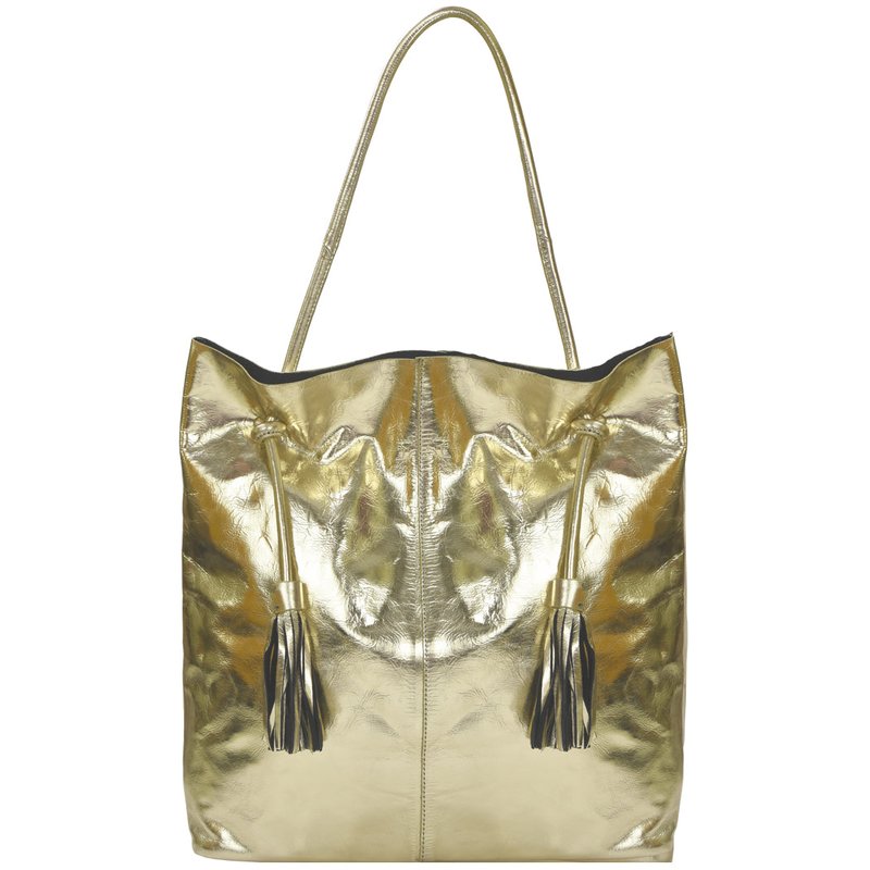 Brix + Bailey Gold Metallic Drawcord Premium Leather Hobo Tote Shoulder Bag