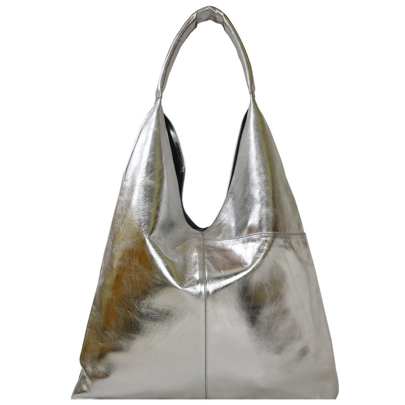 Brix + Bailey Silver Metallic Premium Leather Boho Hobo Shoulder Bag In Grey