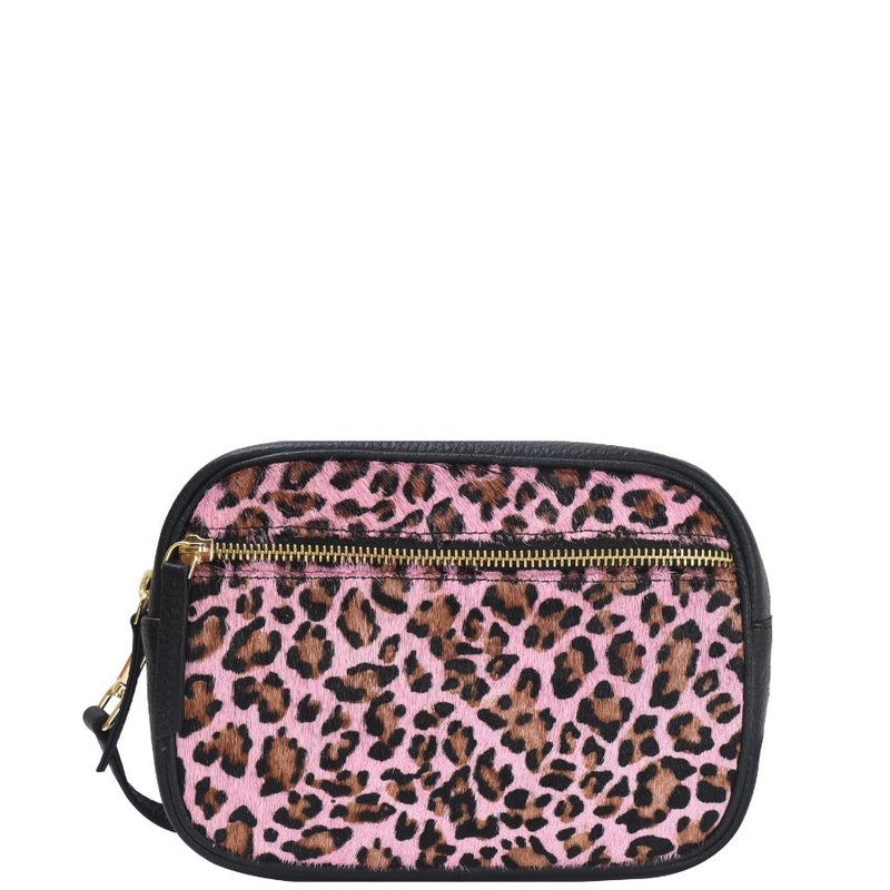 Brix + Bailey Pink Leopard Print Convertible Leather Cross Body Camera Bag
