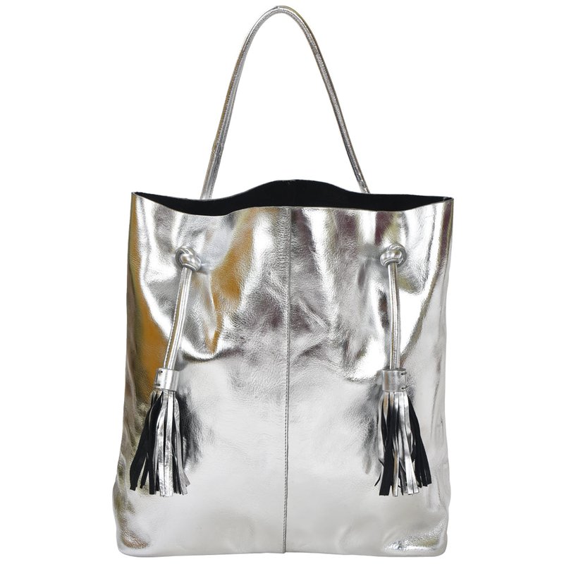 Brix + Bailey Silver Drawcord Metallic Leather Hobo Shoulder Bag In Grey