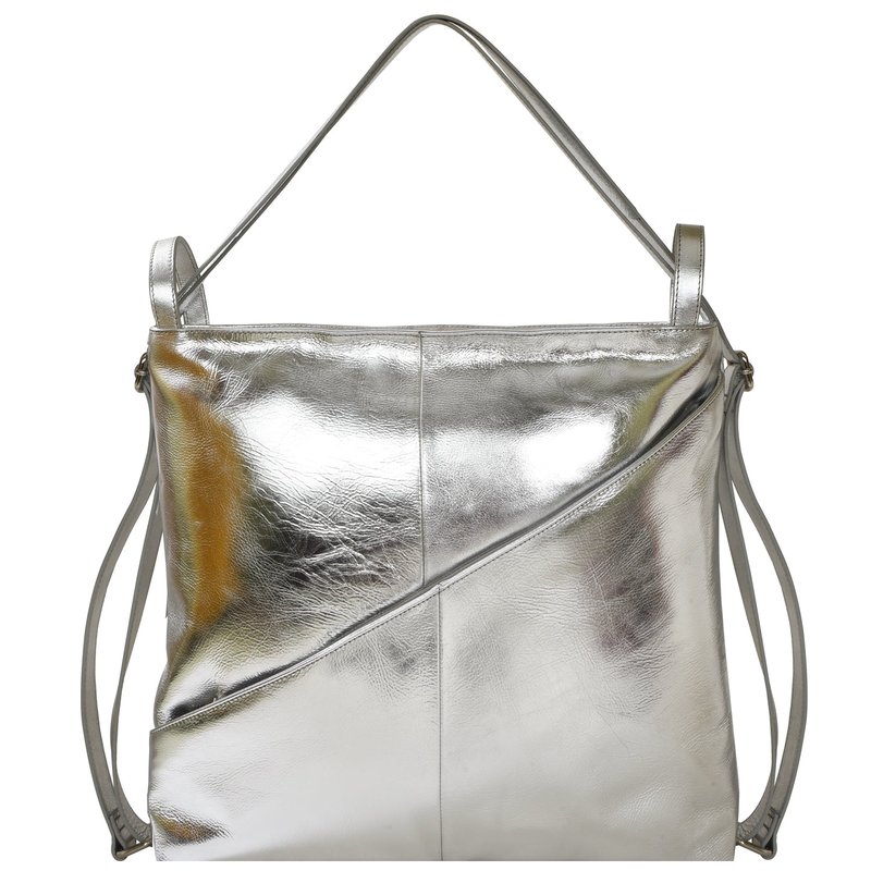 Brix + Bailey Silver Metallic Leather Convertible Tote Backpack In Grey