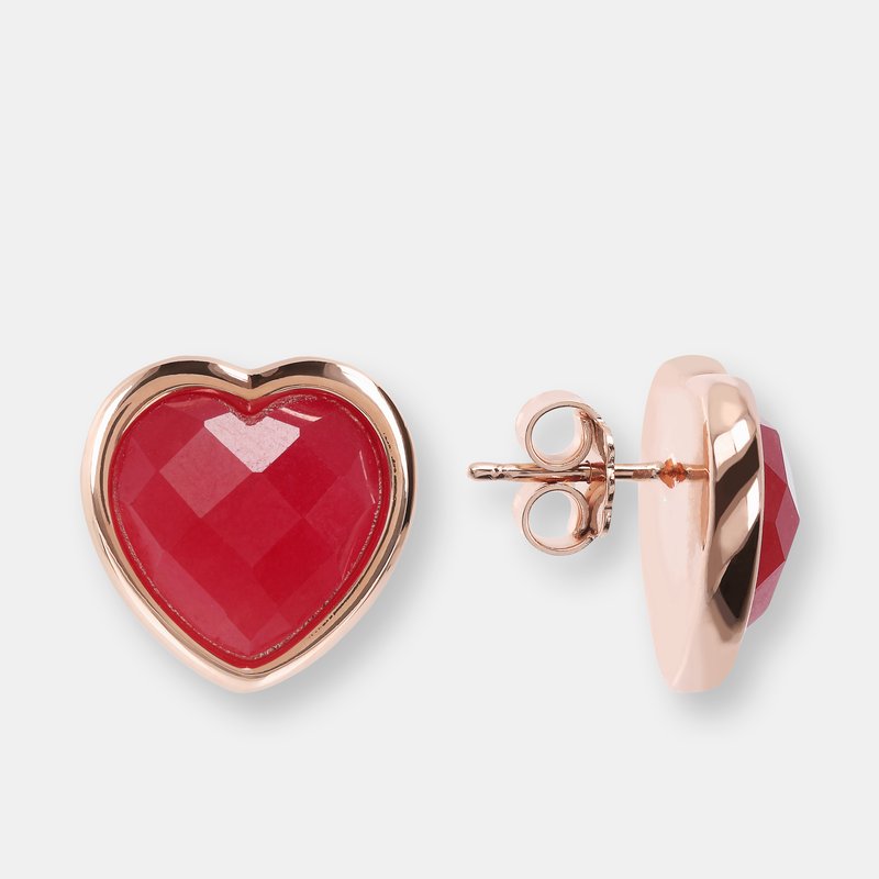 Bronzallure Heart Stud Earrings With Natural Stone In Pink