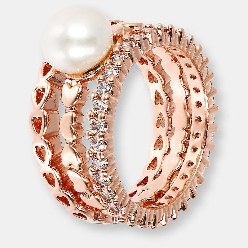 Bronzallure Hearts And Pavé Pearl Rings Set In Pink