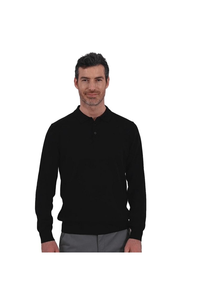 Mens Casper Knitted Long-Sleeved Polo Shirt (Black) - Black