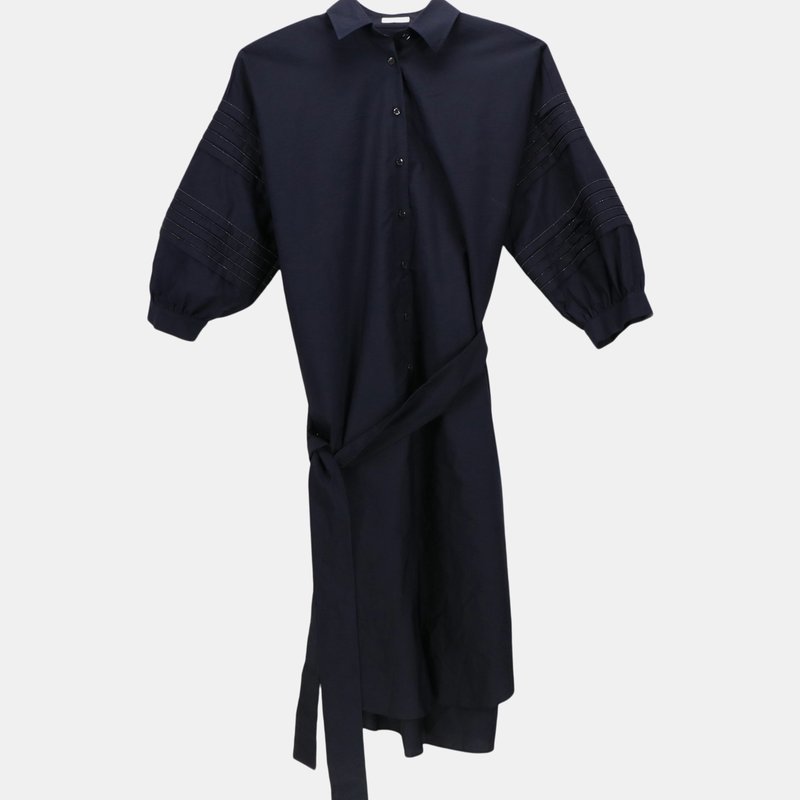Brunello Cucinelli Women's Navy 1/4 Sleeved Cotton Button Down Dress In Blue