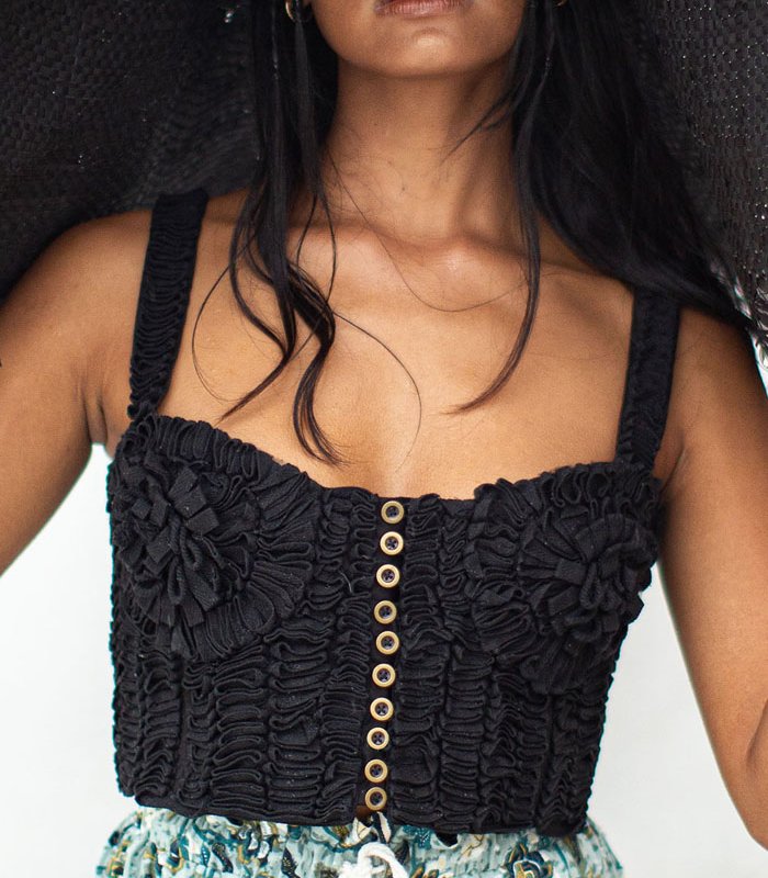 Brunna Co Marigold Hand-embroidered Ribbon Bustier Top In Black