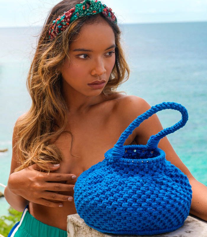 Brunna Co Naga Macrame Vessel Basket Bag, In Azure Blue