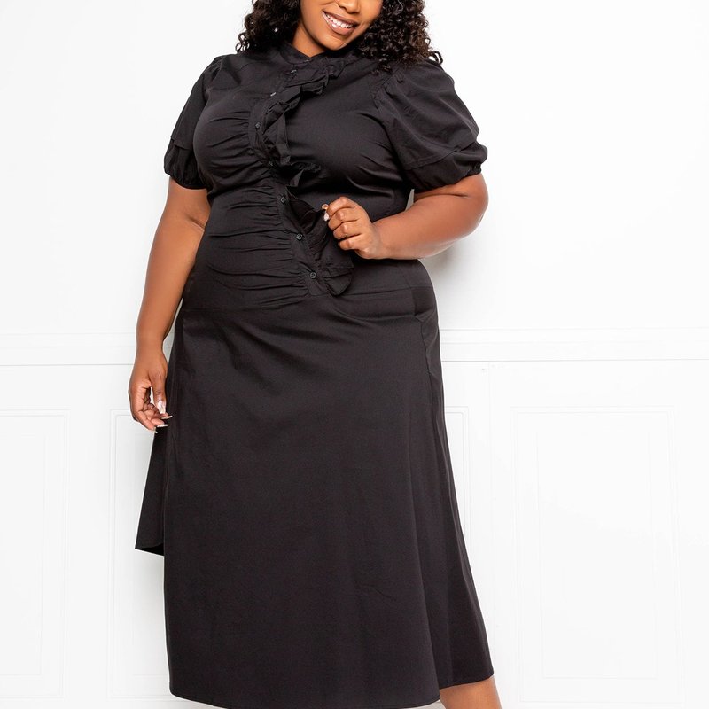 Buxom Couture Asymmetrical Ruffle Shirt Dress In Black
