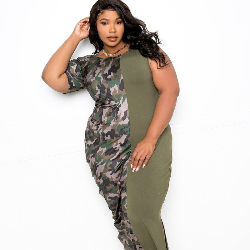 Buxom Couture Camo Colorblock One-shoulder Maxi Dress In Green