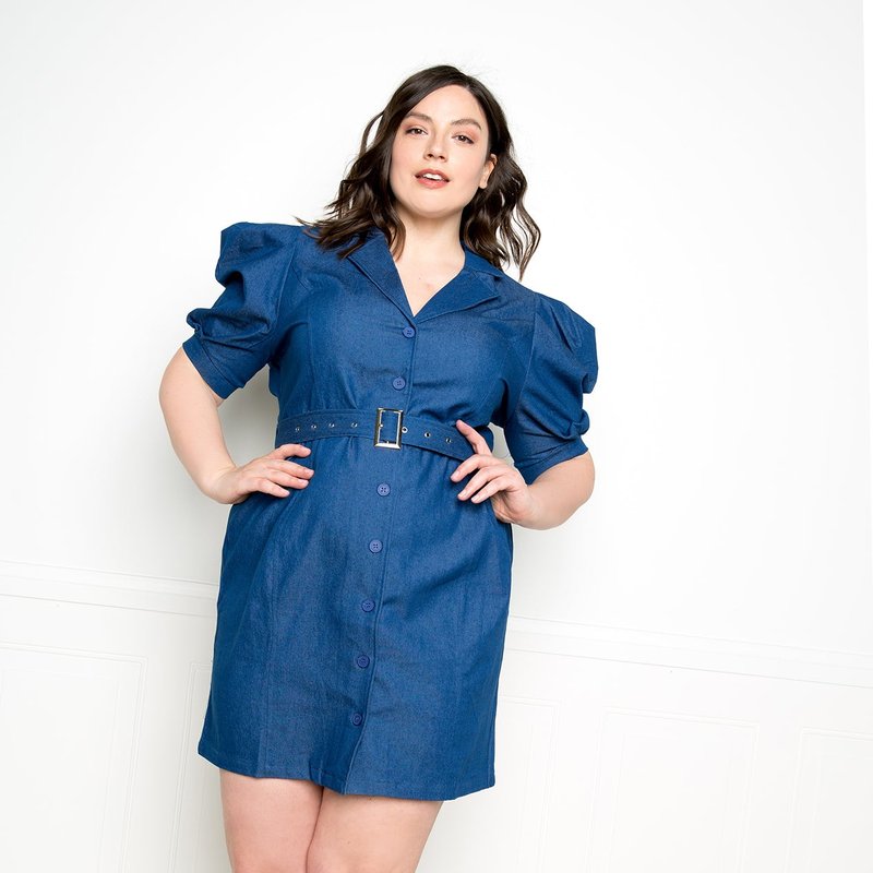 Buxom Couture Denim Mini Dress With Shoulder Accent In Blue