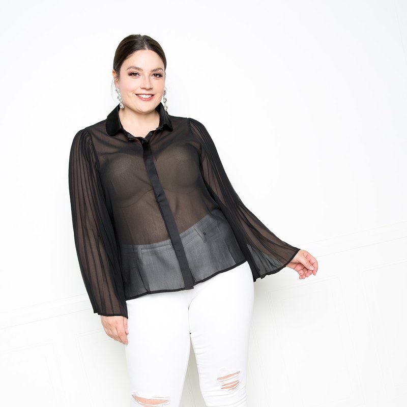 Buxom Couture Pleated Bell Sleeve Blouse In Black