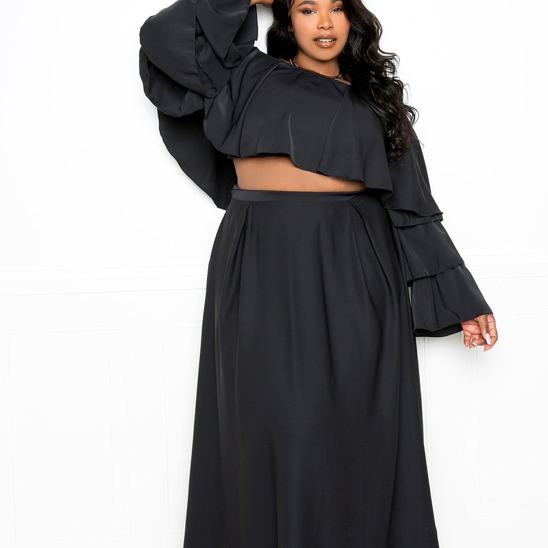 Buxom Couture Ruffle Crop Top And Maxi Skirt Set In Black