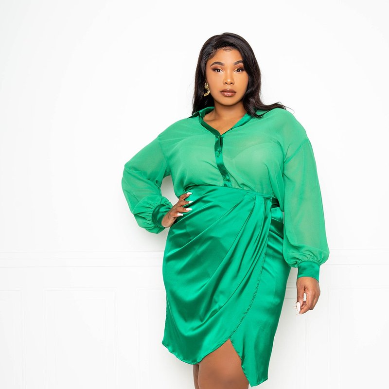 Buxom Couture Silky Shirt And Skirt Set In Green
