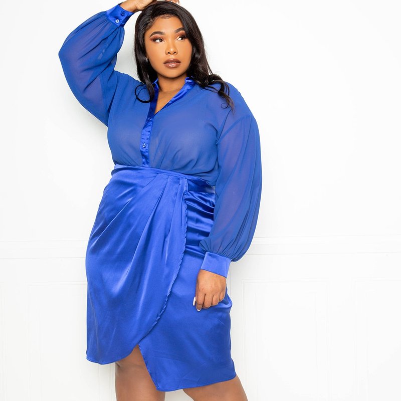 Buxom Couture Silky Shirt And Skirt Set In Blue