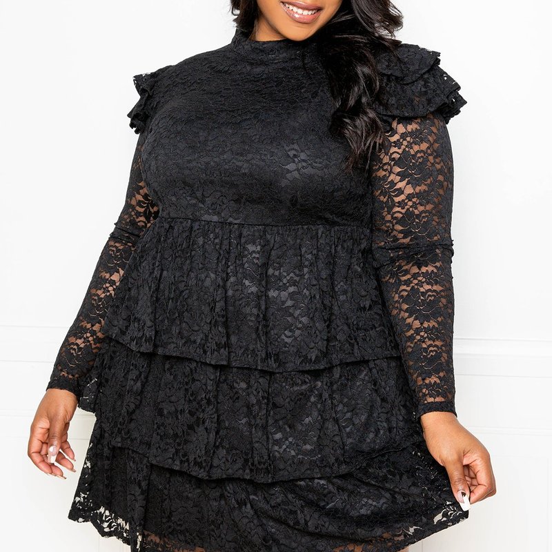 Buxom Couture Tiered Lace Mini Dress In Black
