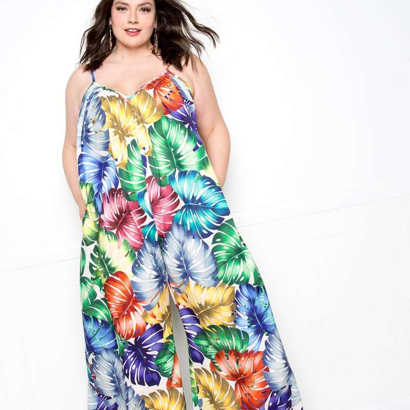 Buxom Couture Tropical Print Jumpsuit In Blue