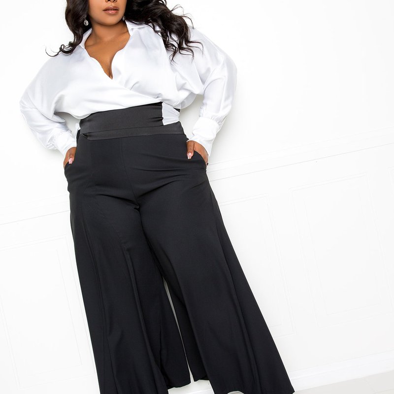 Buxom Couture Wrapped Blouse With Palazzo Pants Set In Black
