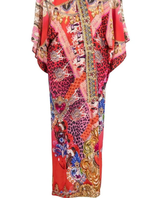 Shop Camilla Women's Long Kimono Coat Artesania Mania Wide Sleeves Beaded Multi-color In Red