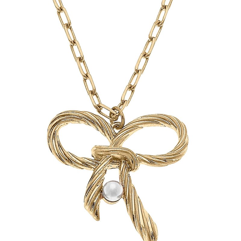 Canvas Style Amy Bow & Pearl Pendant Necklace In Worn Gold