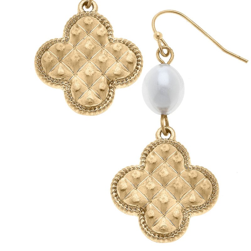 Canvas Style Andee Pearl & Quilted Metal Clover Drop Earrings In Worn Gold