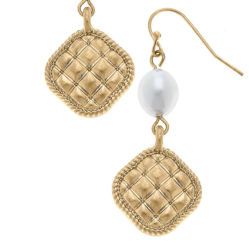 Canvas Style Andee Pearl & Quilted Metal Diamond Drop Earrings In Worn Gold