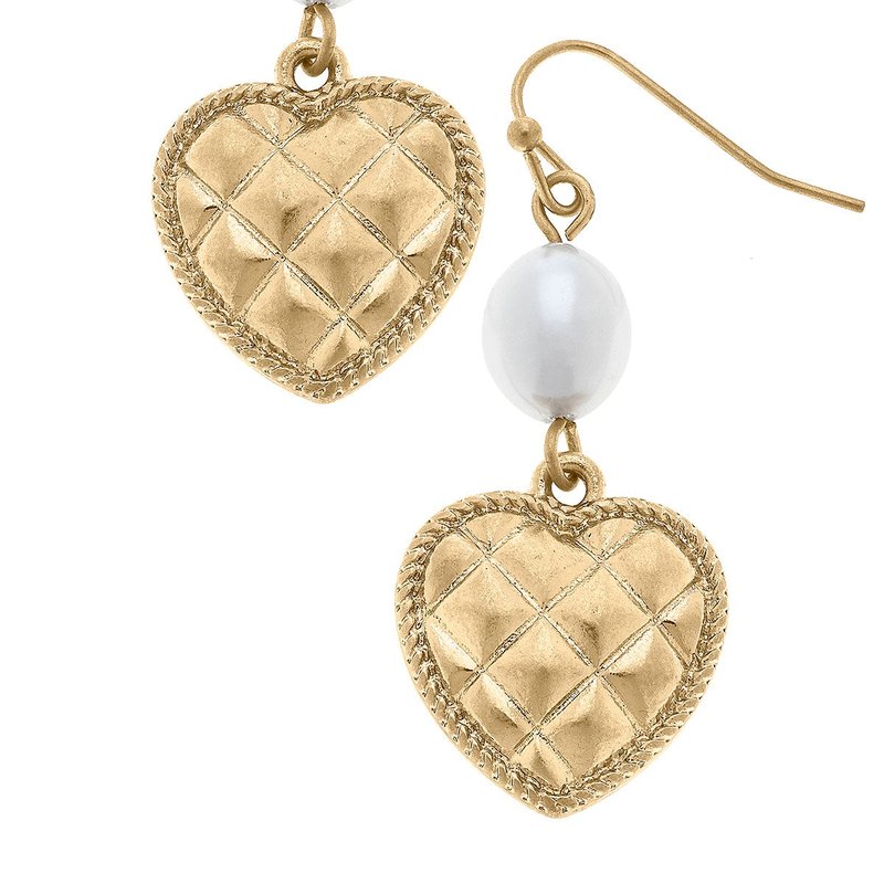 Canvas Style Andee Pearl & Quilted Metal Heart Drop Earrings In Worn Gold