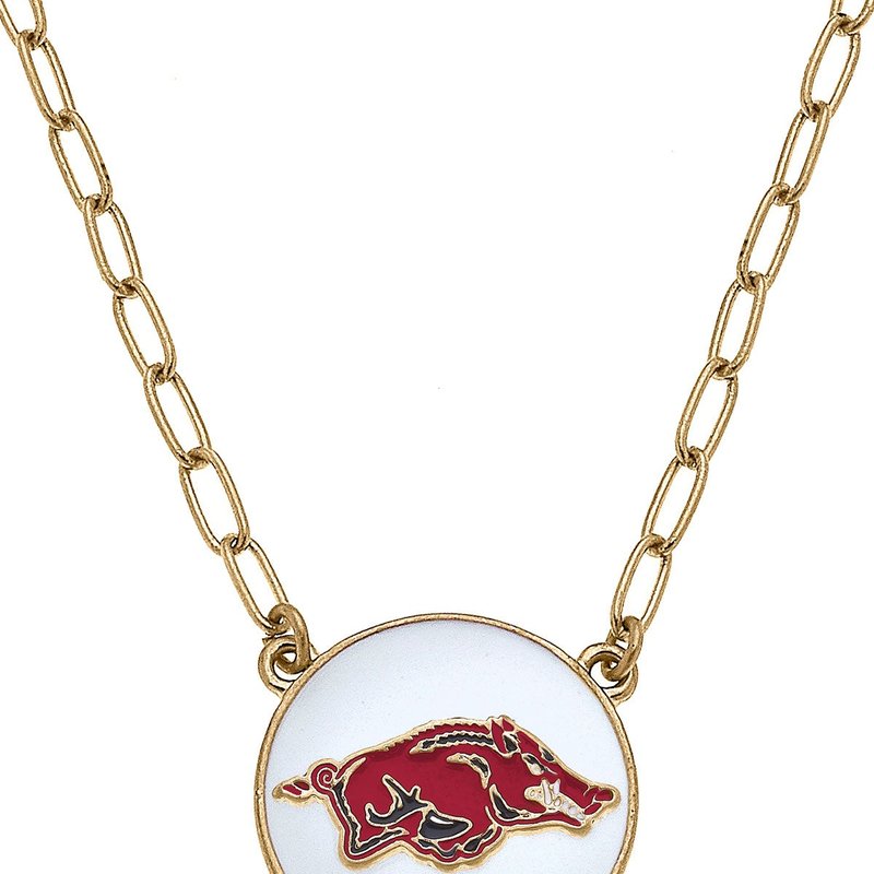 Canvas Style Arkansas Razorbacks Enamel Disc Pendant Necklace In White