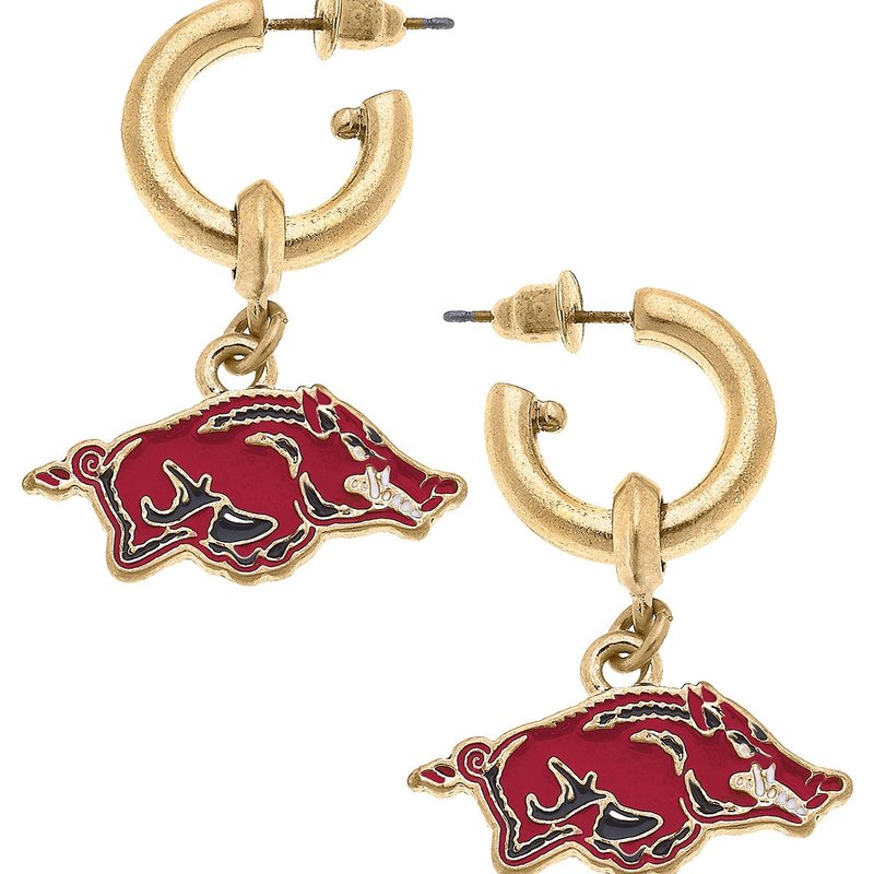 Canvas Style Arkansas Razorbacks Enamel Drop Hoop Earrings In Red
