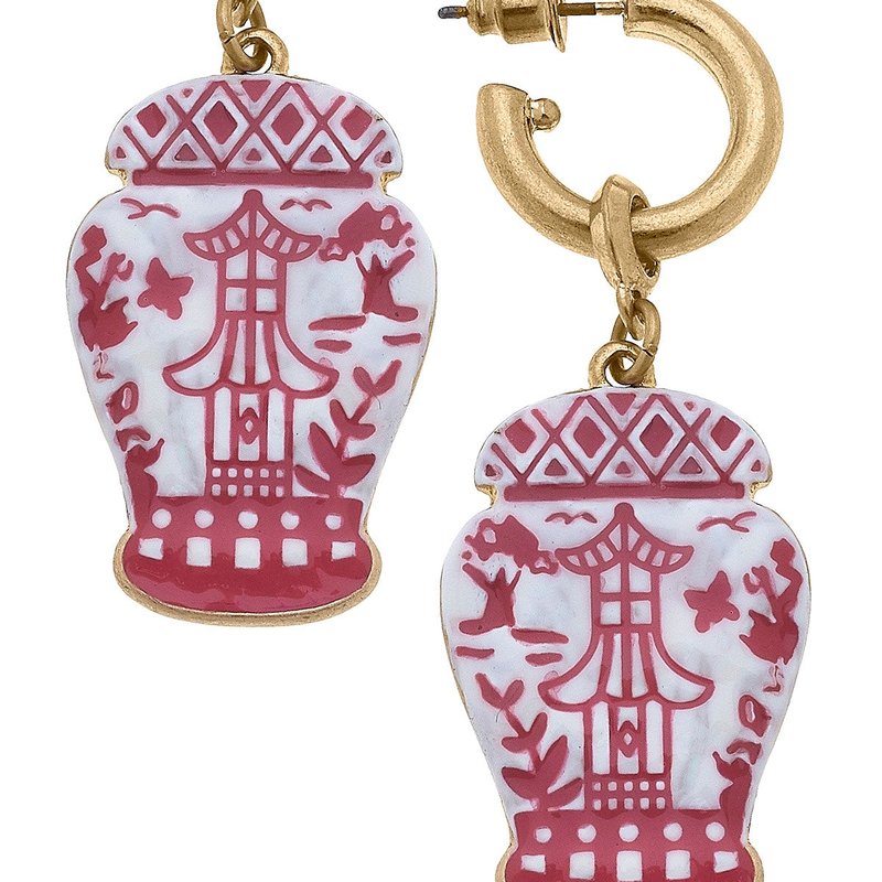 Canvas Style Aubree Enamel Pagoda Ginger Jar Earrings In Pink