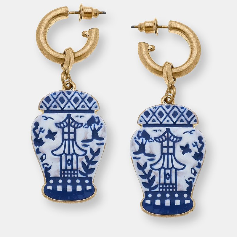Canvas Style Aubree Enamel Pagoda Ginger Jar Earrings In Blue & White
