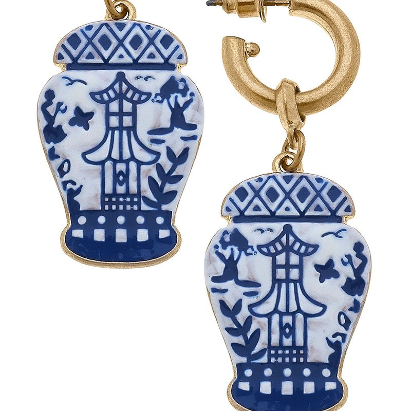 Shop Canvas Style Aubree Enamel Pagoda Ginger Jar Earrings In Blue