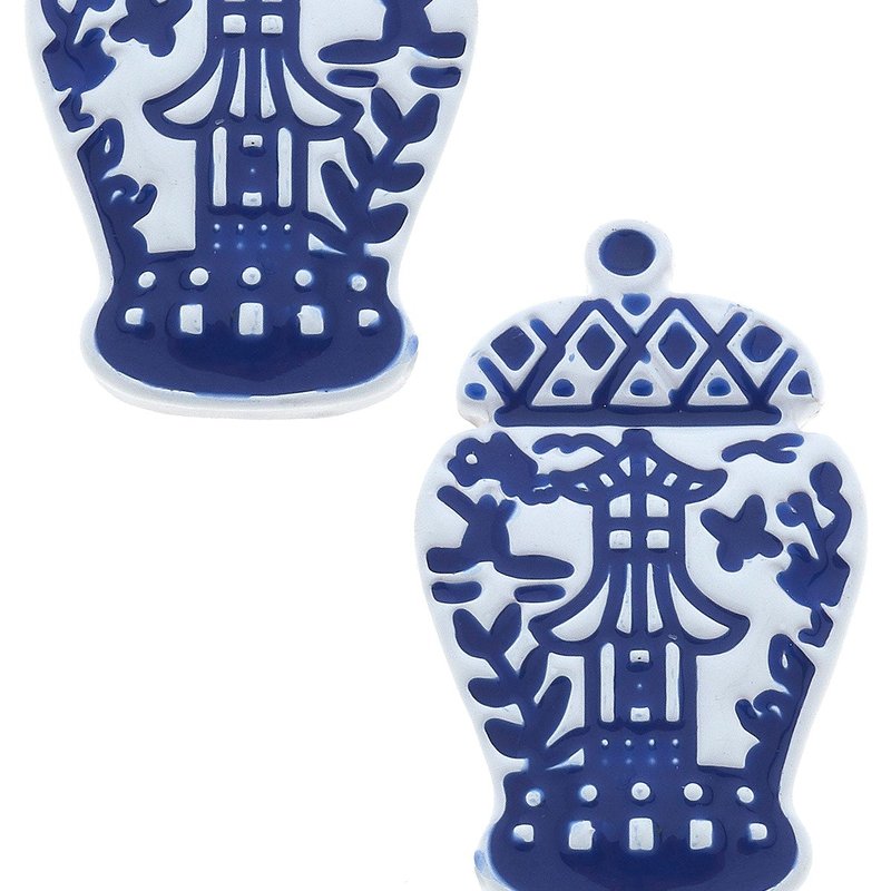 Canvas Style Aubree Enamel Pagoda Ginger Jar Stud Earrings In Blue & White