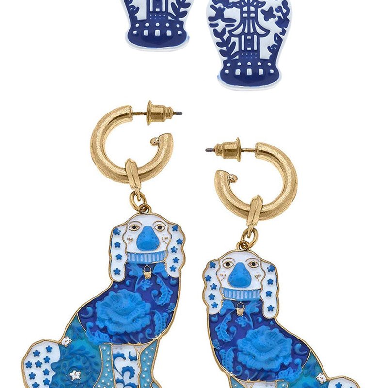 Canvas Style Aubree Pagoda Ginger Jar Stud And Lacey Staffordshire Dog Earring Set In Blue