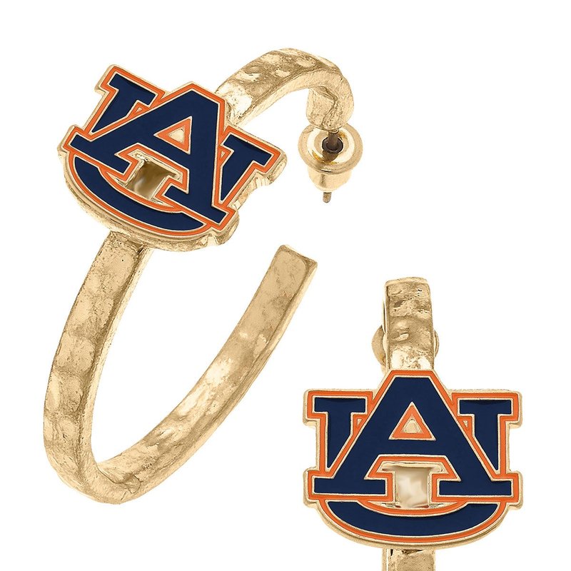 Canvas Style Auburn Tigers Enamel Logo Hoop Earrings In Blue