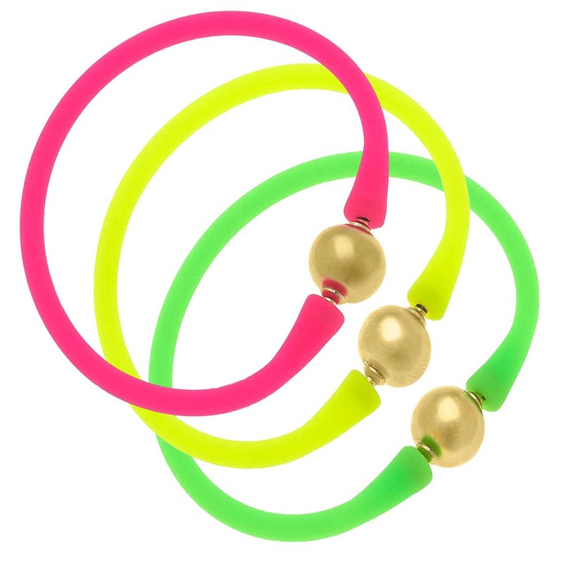 Canvas Style Bali 24k Gold Bracelet Set Of 3 In Neon Pink, Neon Green & Neon Yellow