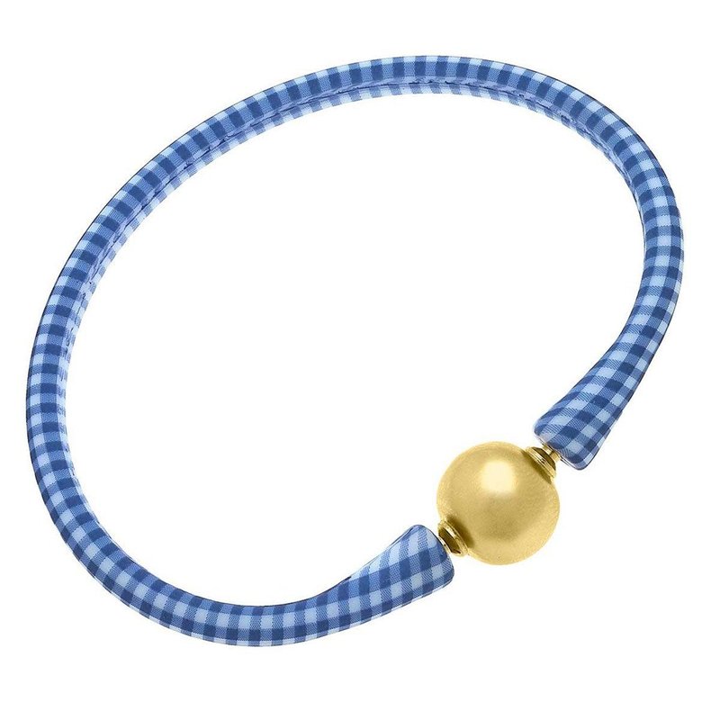 Canvas Style Bali 24k Gold Plated Ball Bead Silicone Bracelet In Blue Gingham