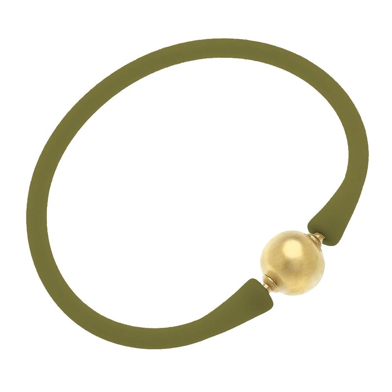 Canvas Style Bali 24k Gold Plated Ball Bead Silicone Bracelet In Olive In Green