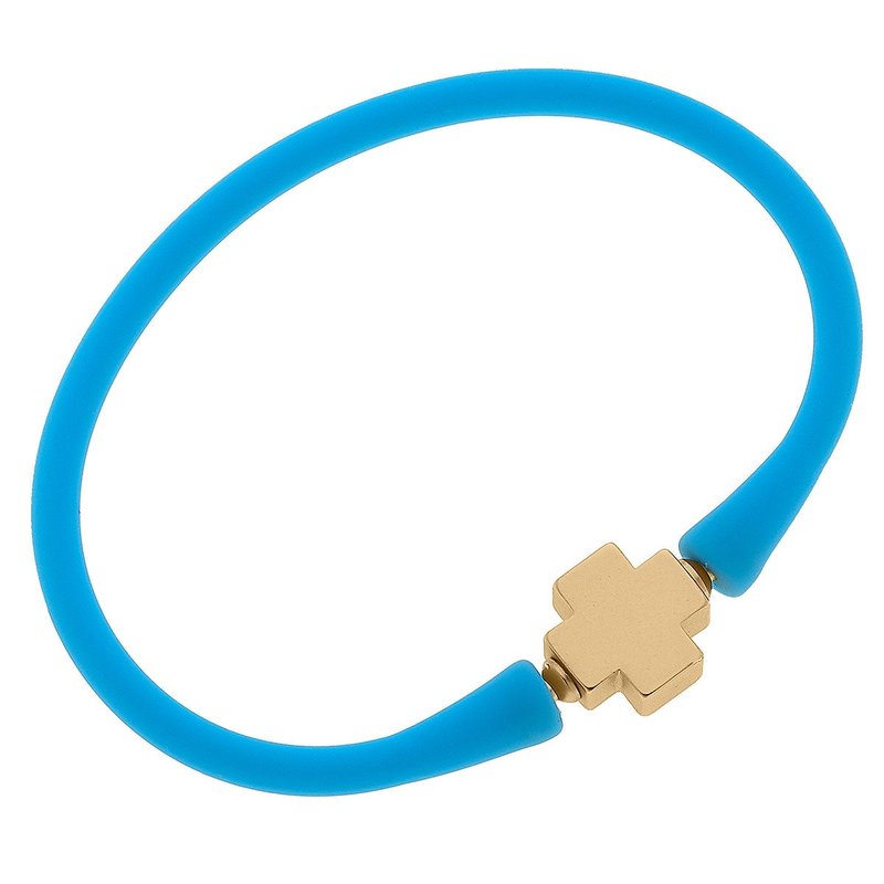 Canvas Style Bali 24k Gold Plated Cross Bead Silicone Bracelet In Aqua In Blue
