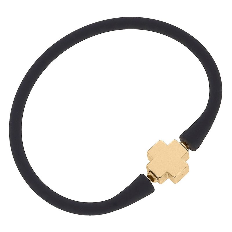 Canvas Style Bali 24k Gold Plated Cross Bead Silicone Bracelet In Black
